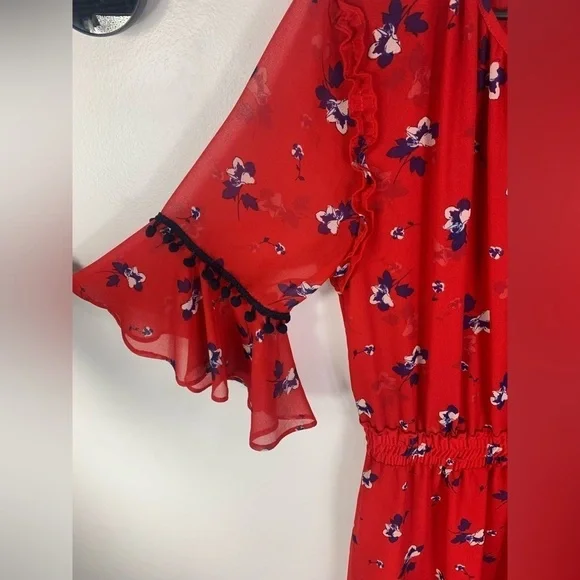 MISA‎ LOS ANGELES Raquel Red Floral Two Layer Semi Sheer Midi Dress Sz S - Picture 5 of 10